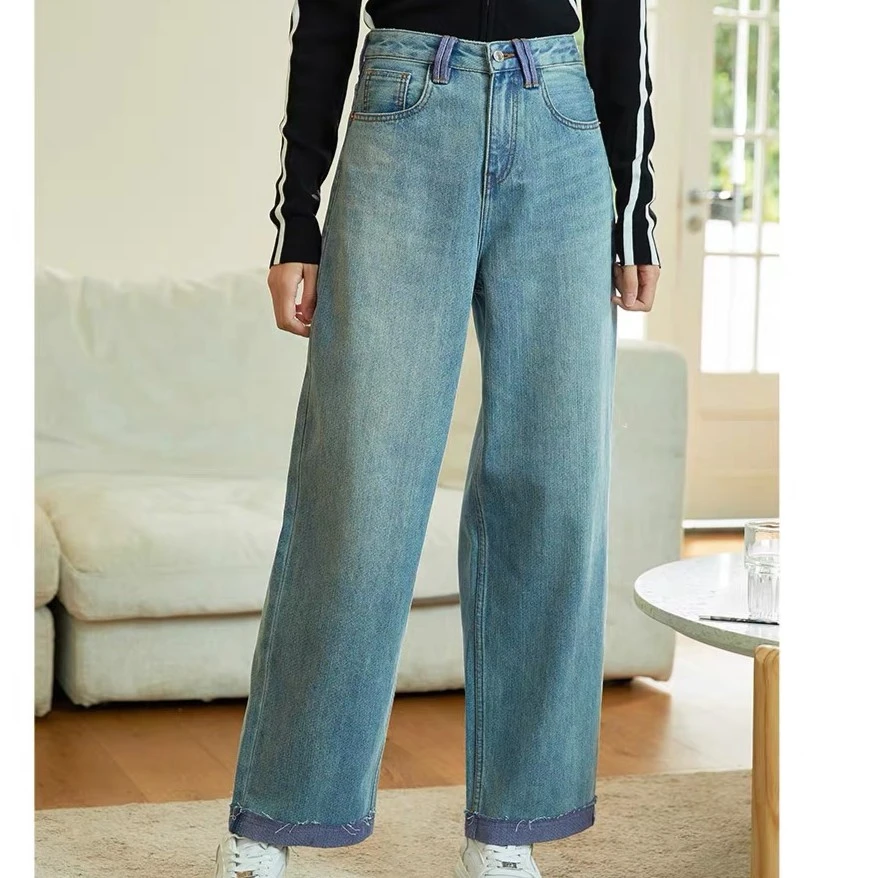 撞色拼接牛仔长裤2023年新款女高腰宽松阔腿设计感牛仔裤子显瘦