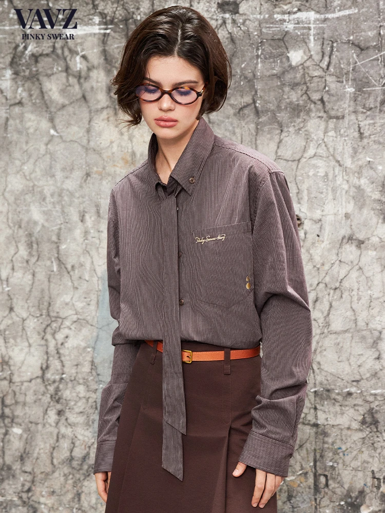 【画界】【VAVZ】法式条纹领带长袖衬衫简约字母刺绣衬衫女CS5171