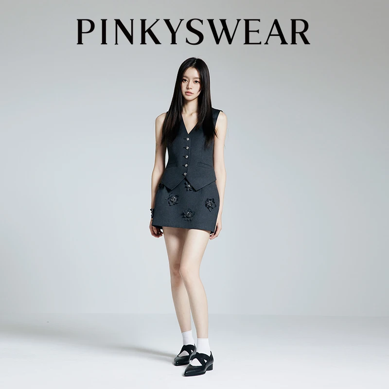 pinkyswear精致立体花马甲短裙套装时尚修身无袖包臀女士TZ1228