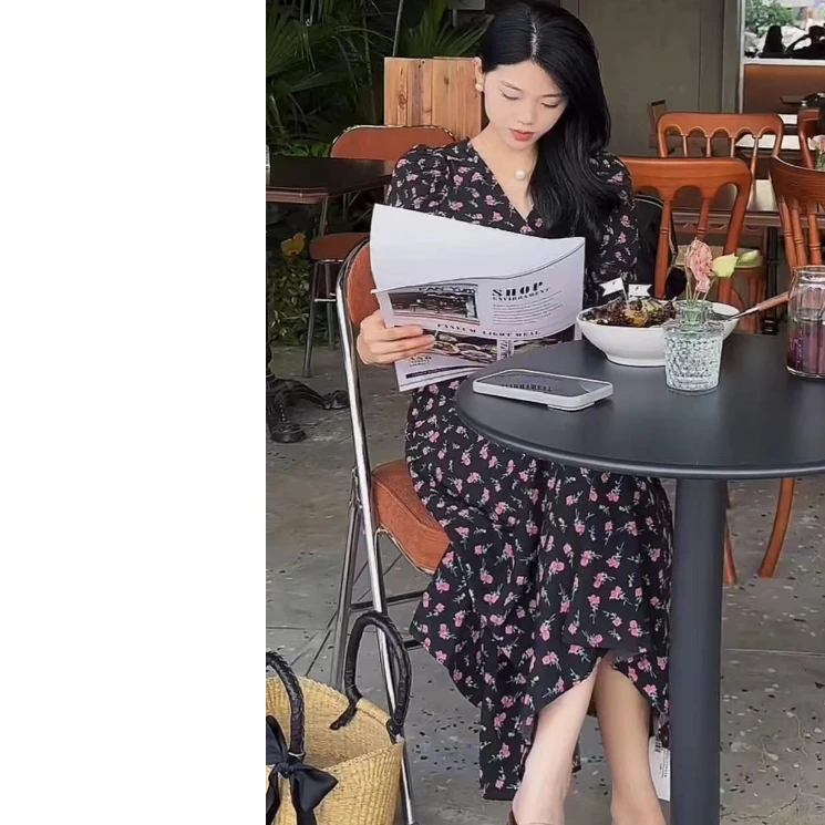 DEZI宝藏衣橱显瘦小花多多V领舒适女连衣裙BL1250551