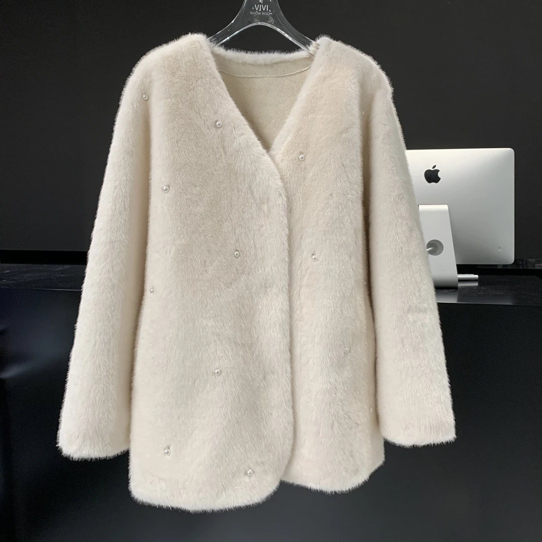 DEZI宝藏衣橱V领轻奢设计师款点缀珠毛毛衣外套LS3281088