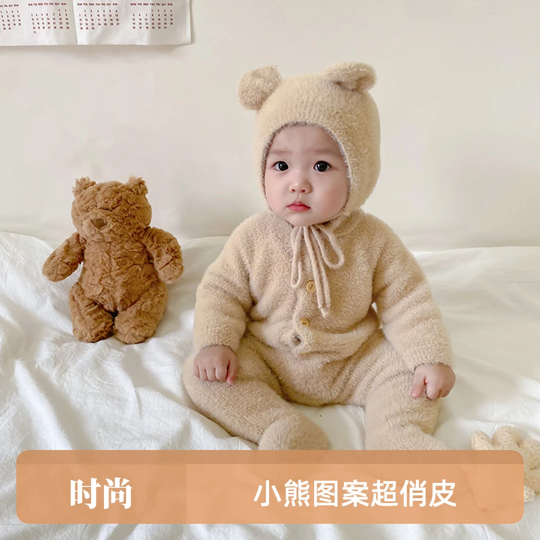 ins爆款婴儿秋装男女宝宝超萌仿水貂爬服可爱小熊包脚连体衣哈衣
