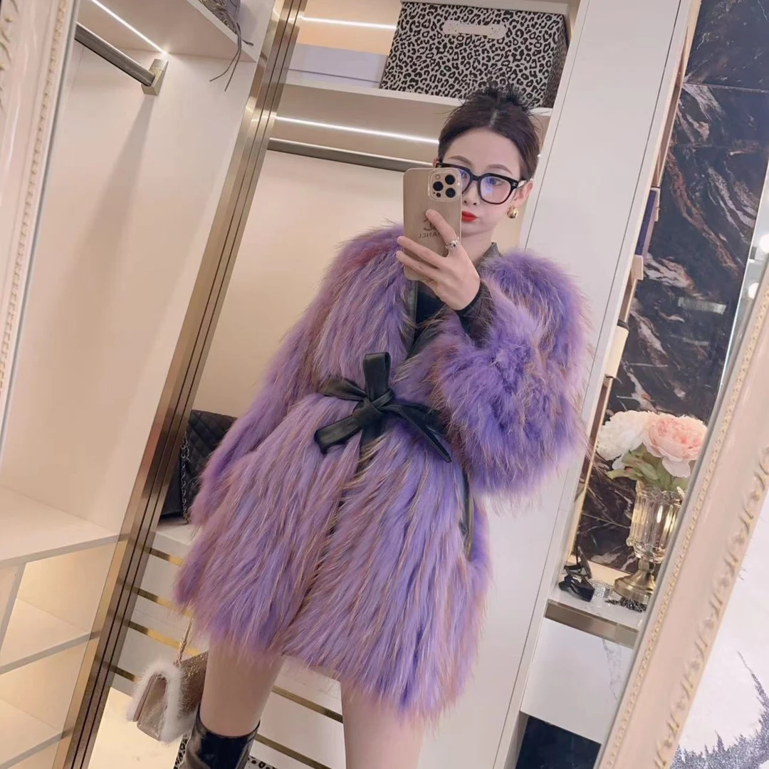 YMM7078冬季时尚进口白貉子毛绵羊皮中长款女士外套轻奢系腰洋气
