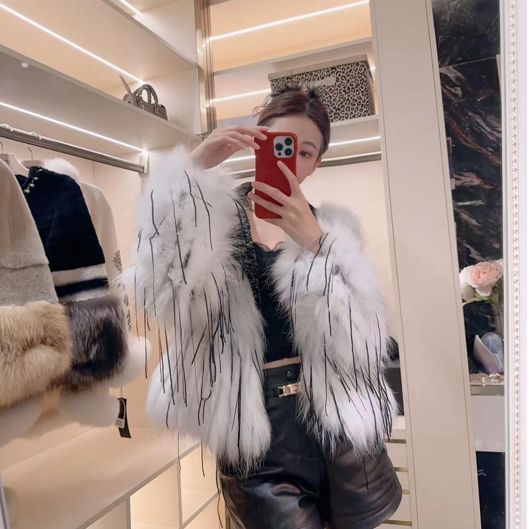 YMM8010新款设计师原创貉子毛女士皮草流苏款西装领百搭