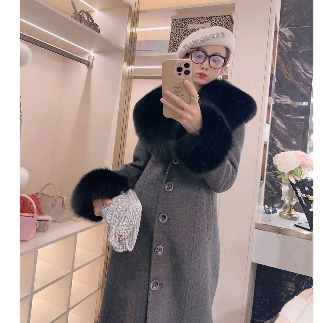 YMM7002新款女士羊毛大衣狐狸毛长款双面呢外套大毛领