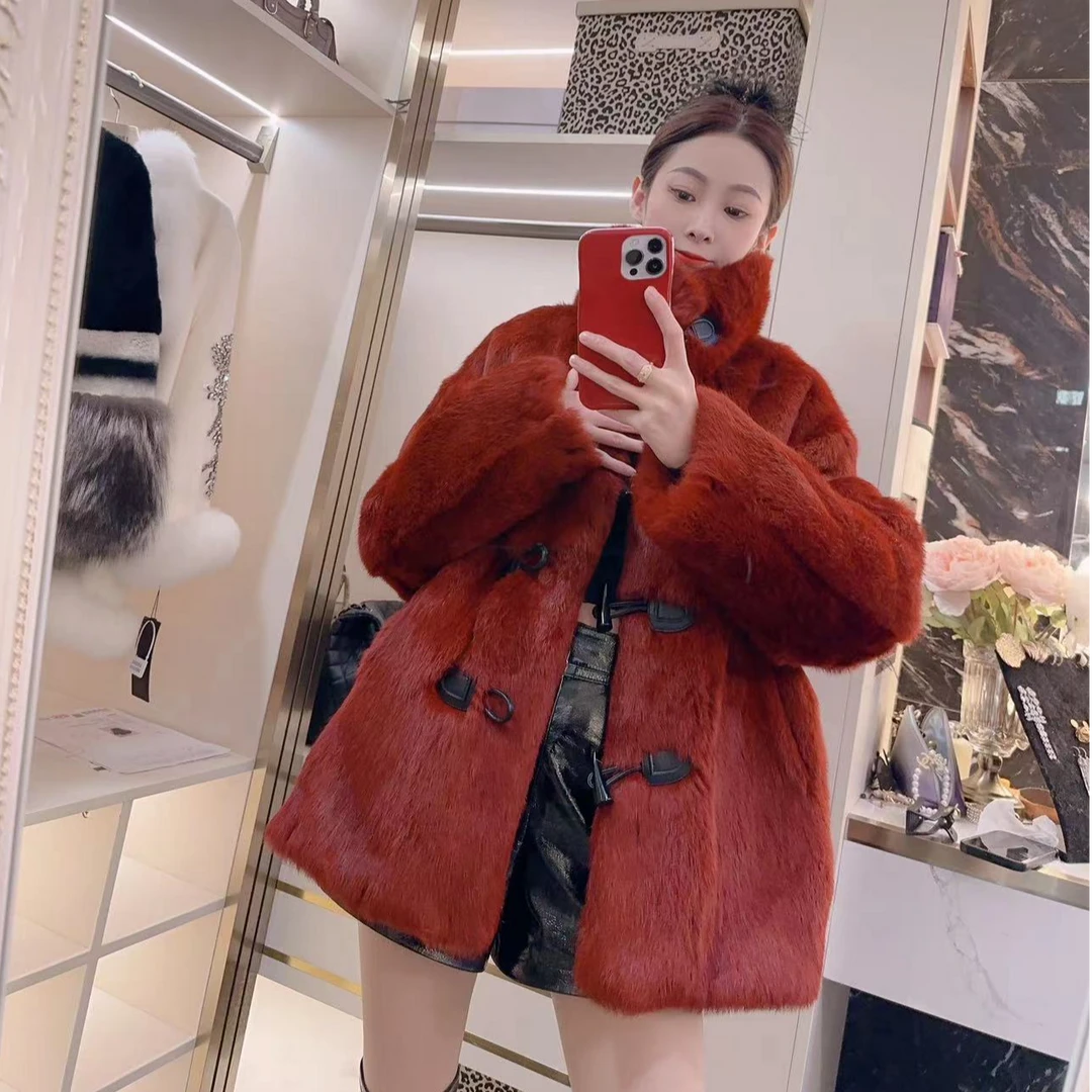 YMM8022原创冬季兔毛皮毛一体女士中长款时尚皮草外套