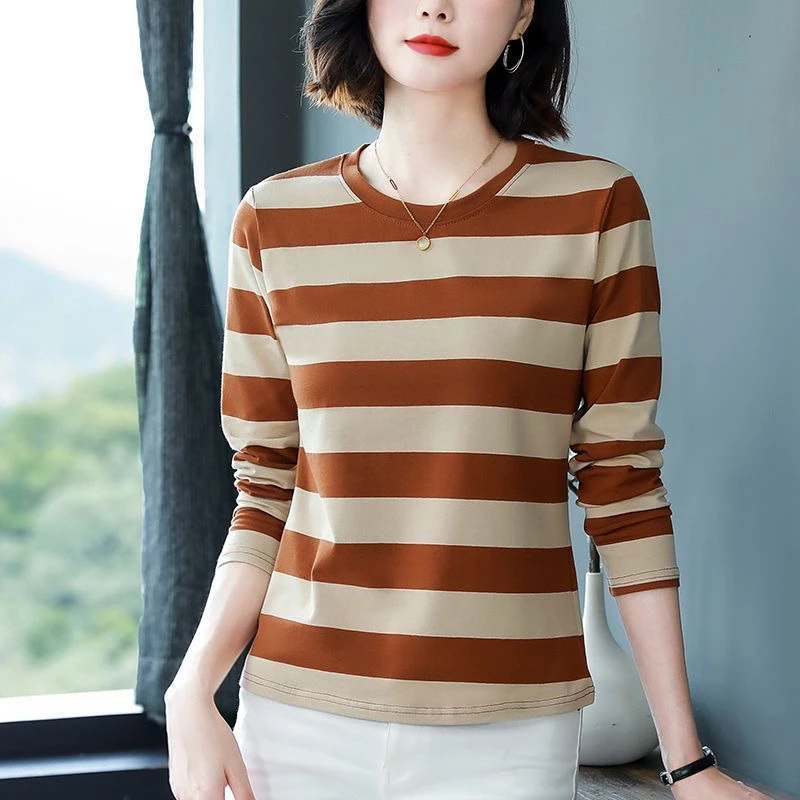 春秋新款条纹长袖t恤女中年妈妈洋气女士上衣宽松减龄大码胖mm