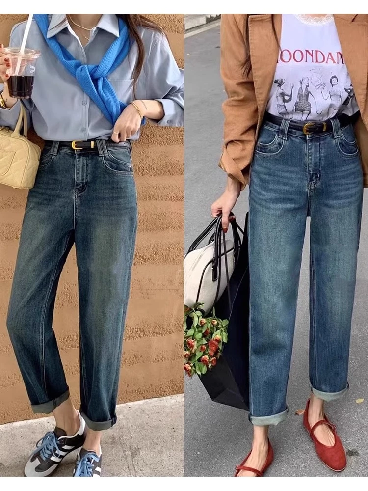 小个子哈伦牛仔裤女冬季大码胖mm高腰遮垮韩版宽松显瘦九分老爹裤