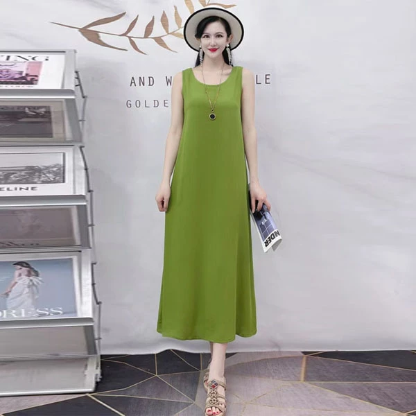 绿色连衣裙妈妈新款连衣裙宽松长款无袖绿色感绿色连衣裙上档次