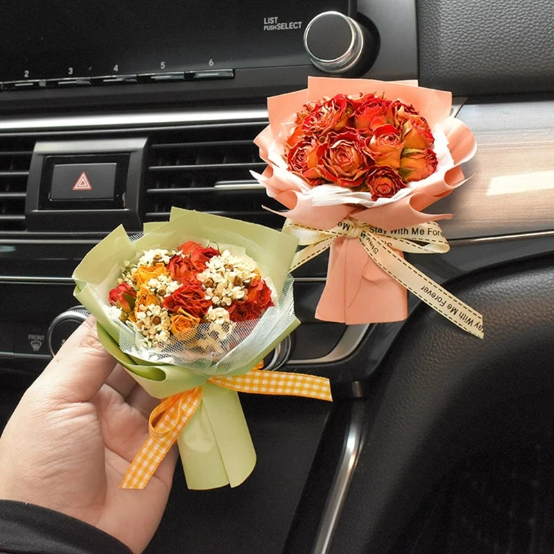 车载香薰出风口香水创意玫瑰干花花束装饰汽车空调香氛夹摆件礼物