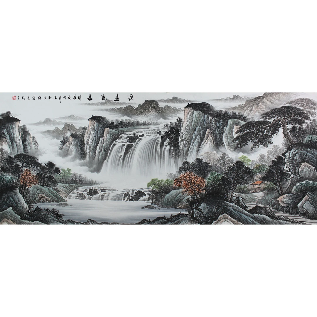 小八尺蒋文杰纯手绘水墨源远流长国画山水中式240x96cm宣纸未装裱