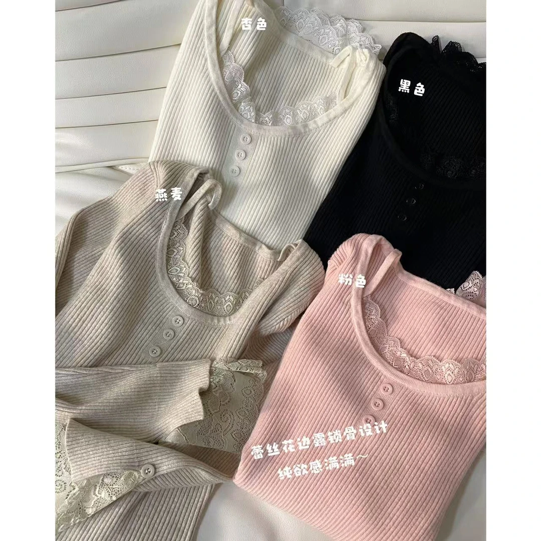 温柔感蕾丝花边拼接针织毛衣21788