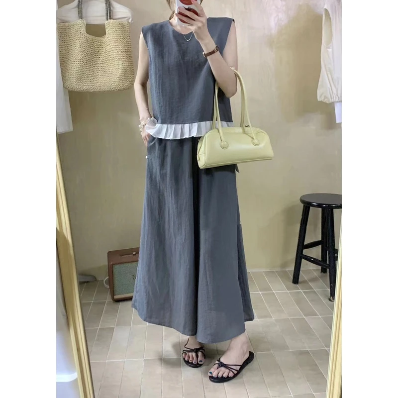 韩系下摆木耳边背心+高腰阔腿裤两件套66222