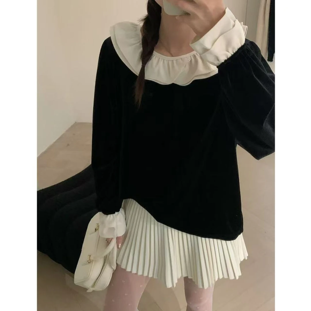 韩系甜美花边领丝绒小衫12038