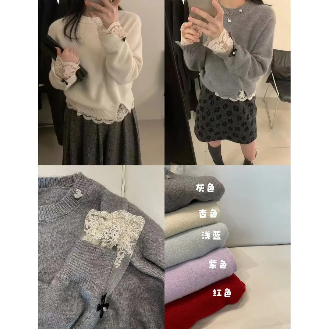 韩系温柔甜美蕾丝拼接毛衣25688