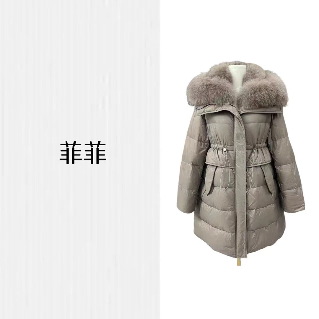 2023新款时尚狐狸毛双层领加厚保暖时尚百搭气质名媛中长款鹅绒服