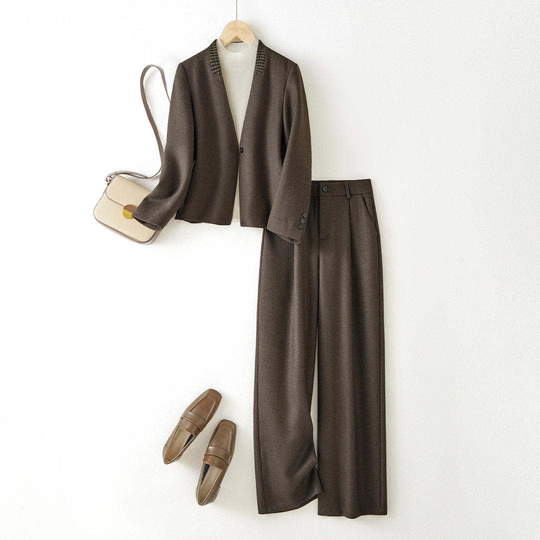 IHIMI/海谧2025冬季新款女装气质V领西装外套通勤直筒裤两件套装