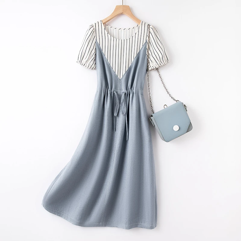 IHIMI/海谧【海洋之恋】25夏新款简约气质条纹假两件中长款连衣裙女