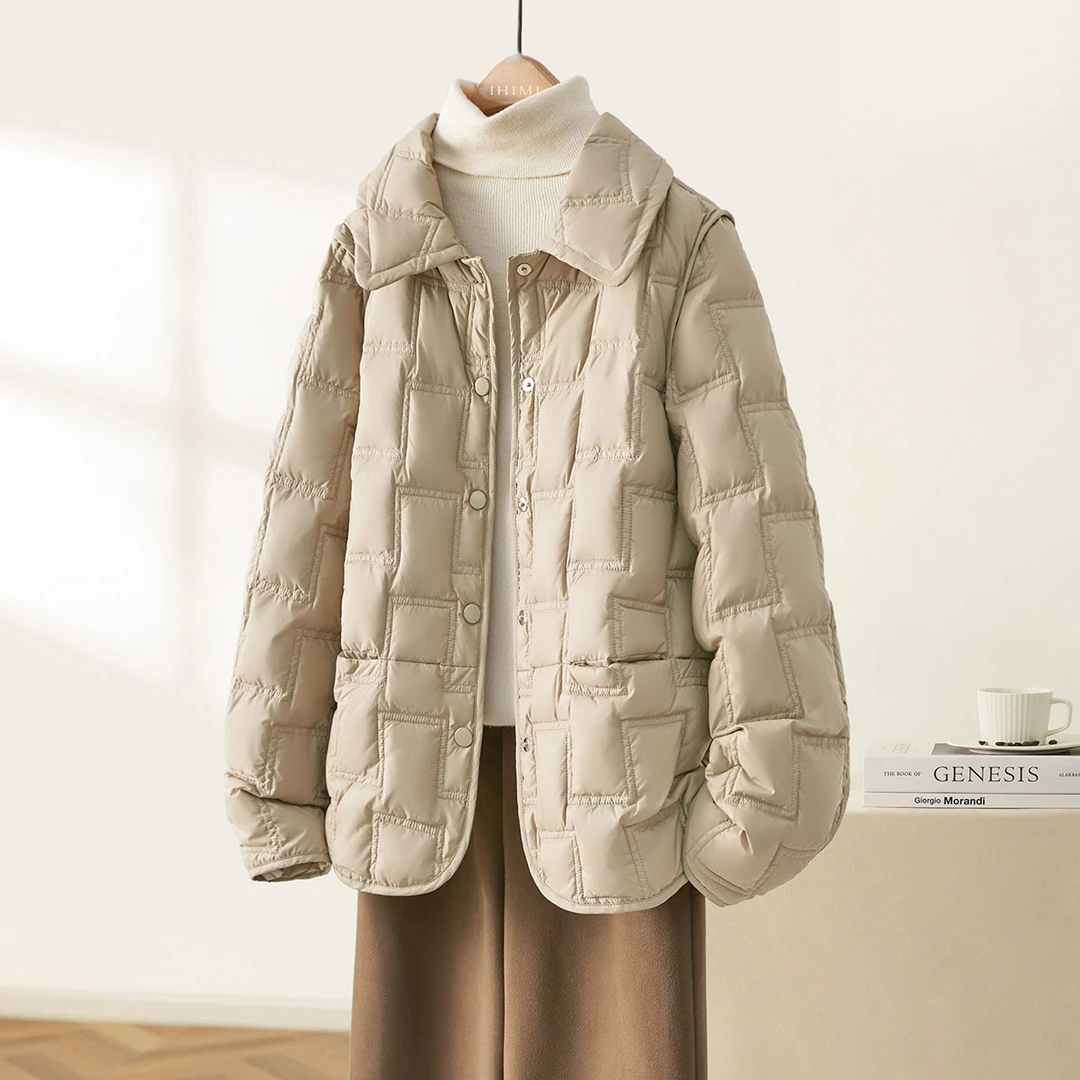 IHIMI2024冬季新款女装轻薄短款通勤衬衫式绗线设计感羽绒服外套