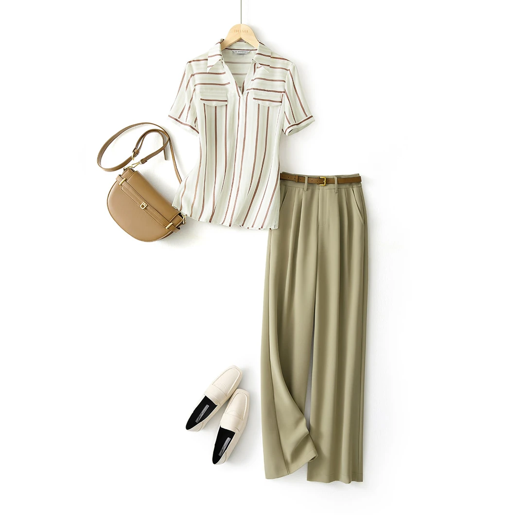 IHIMI 2023夏新款女简约通勤腰带亮丝条纹衬衫压褶直筒裤套装B001