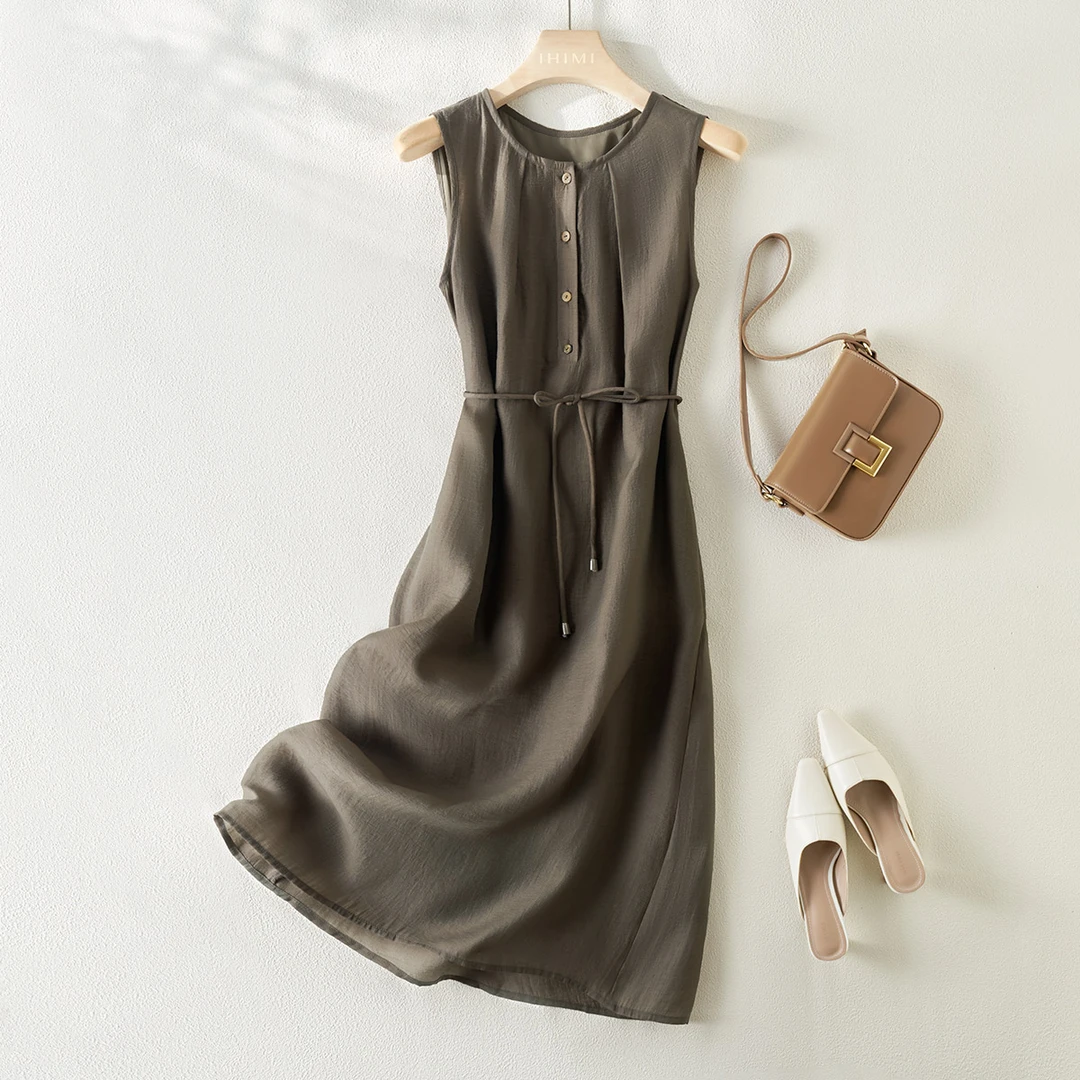 IHIMI/海谧25夏新款通勤休闲简约时尚纯色气质圆领无袖系带连衣裙