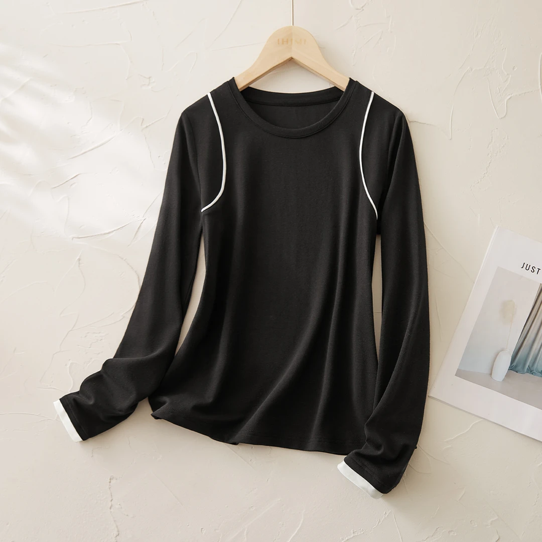 IHIMI/海谧2024秋季新款女装简约百搭撞色拼接假两件圆领上衣T恤
