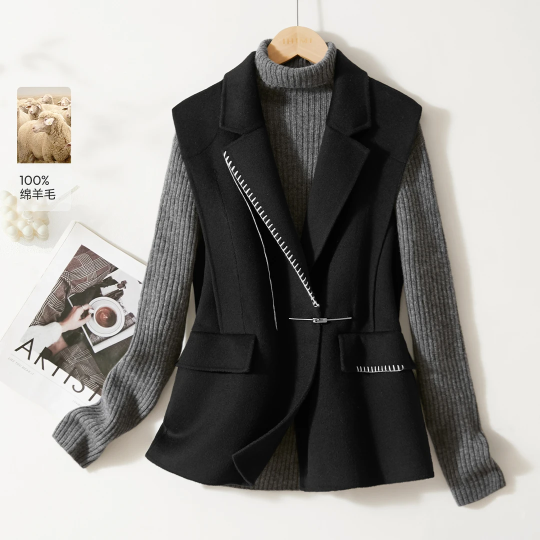 IHIMI/海谧24冬新款女100%绵羊毛设计感撞色百搭马甲双面大衣外套