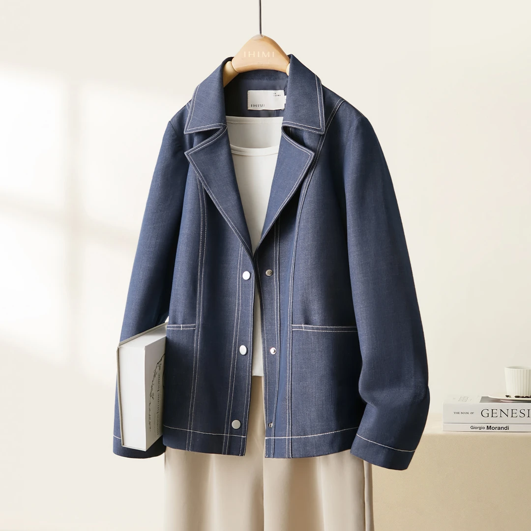 IHIMI/海谧2025秋季新款女装上衣撞色线通勤百搭时尚韩版风衣外套