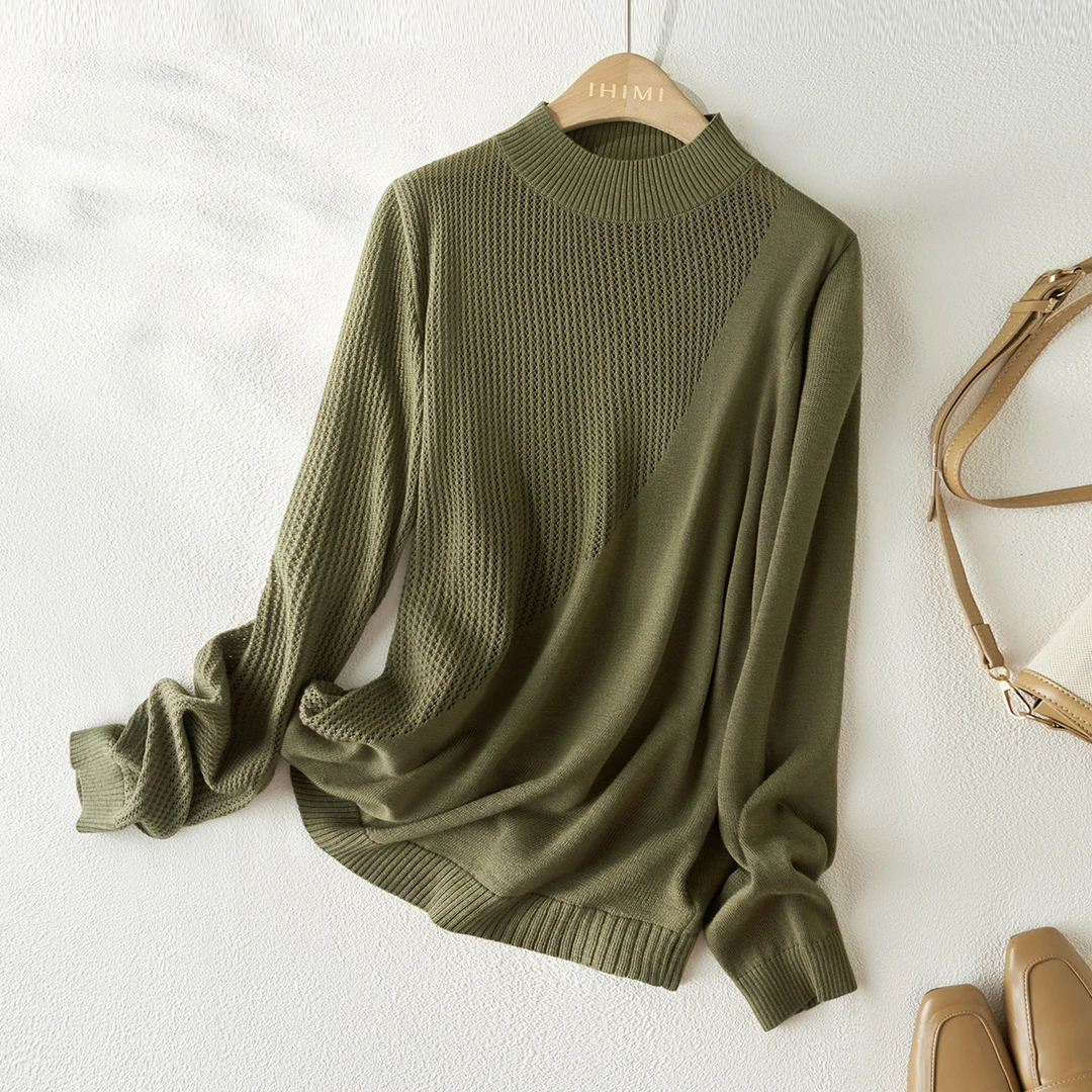 IHIMI2023秋冬季纯色圆领时尚百搭套头半高领拼接针织衫女A005