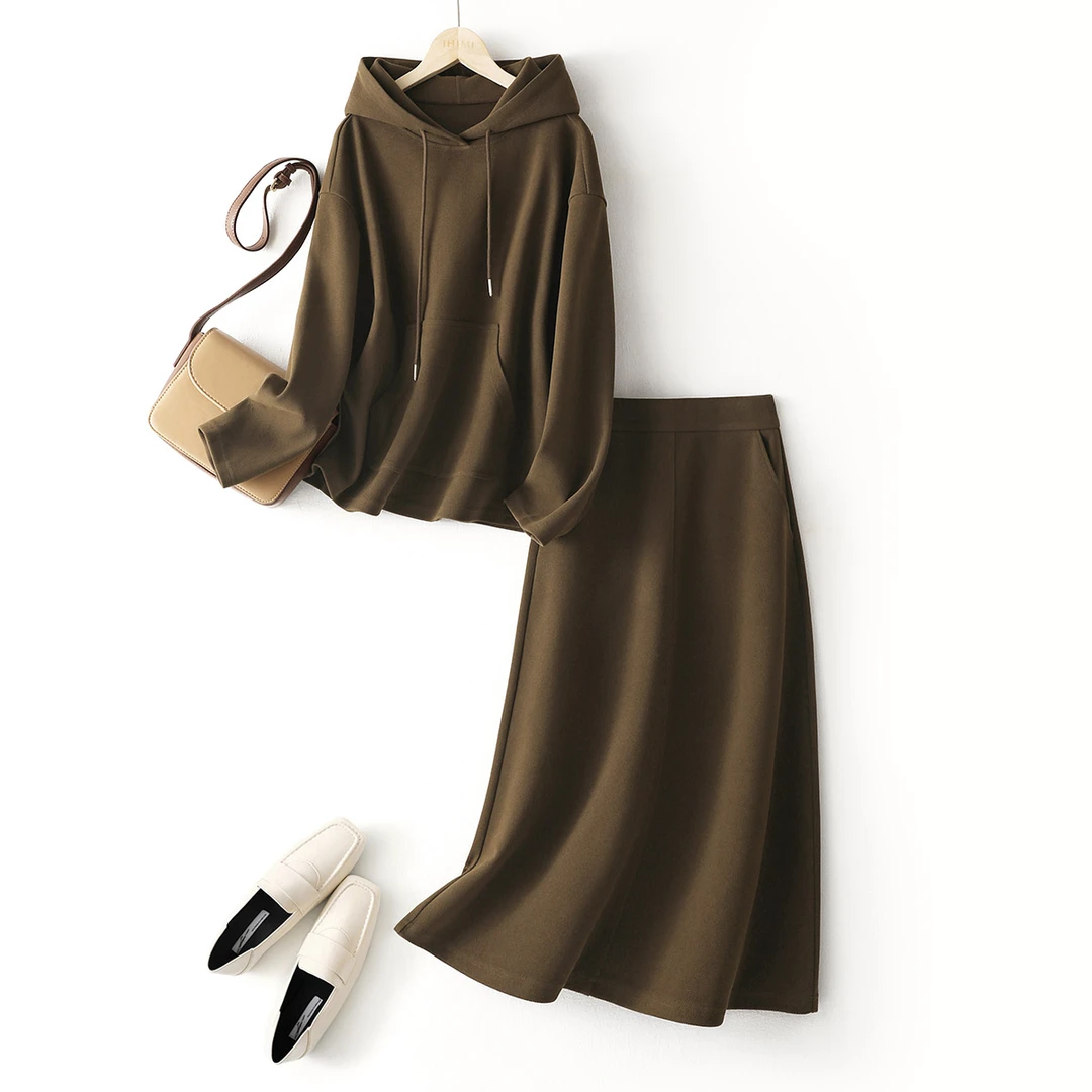 IHIMI2024秋新款时尚百搭休闲加厚毛感连帽宽松卫衣半裙两件套装
