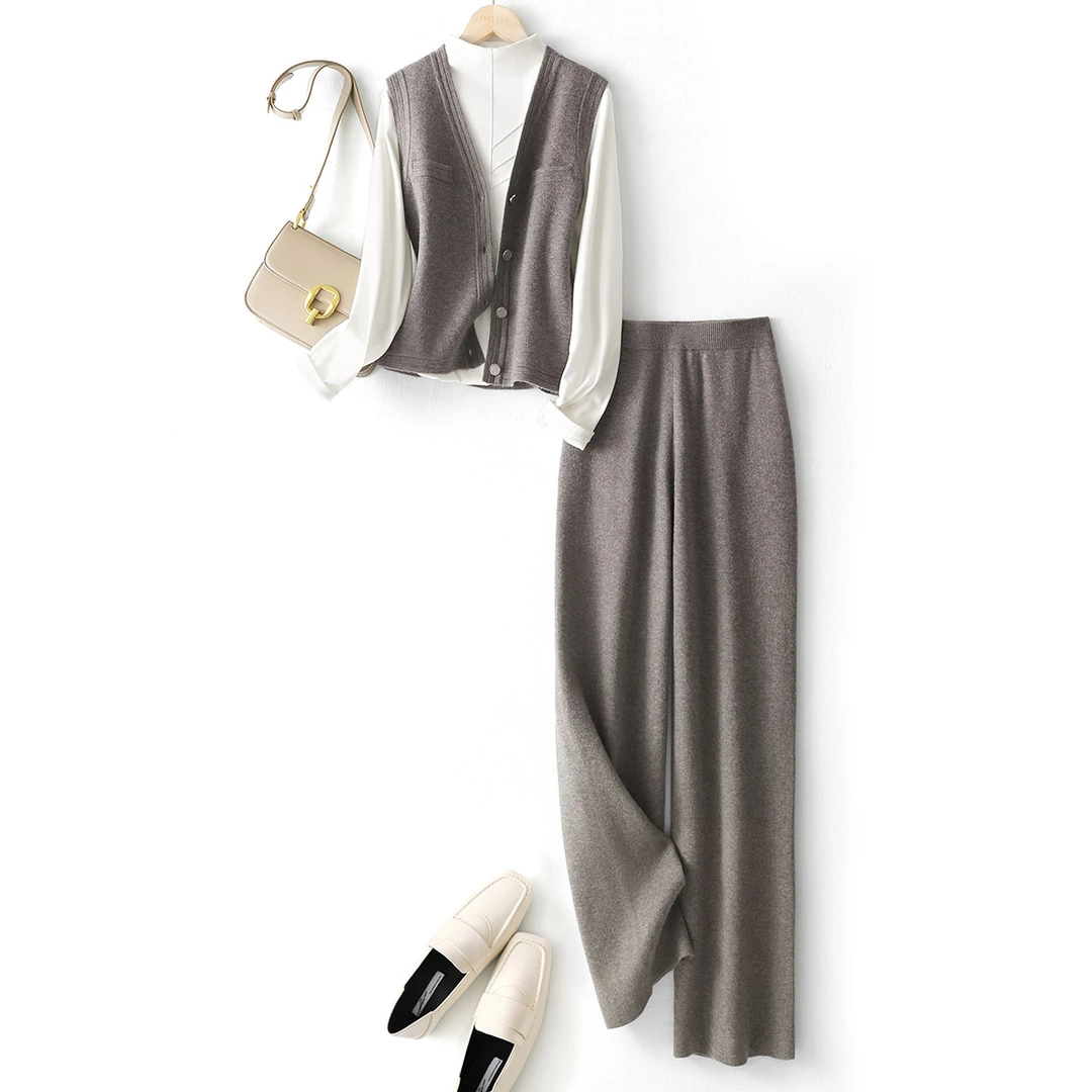 IHIMI2023年秋冬新款女针织柔软小香风马甲裤子气质小香风两件套