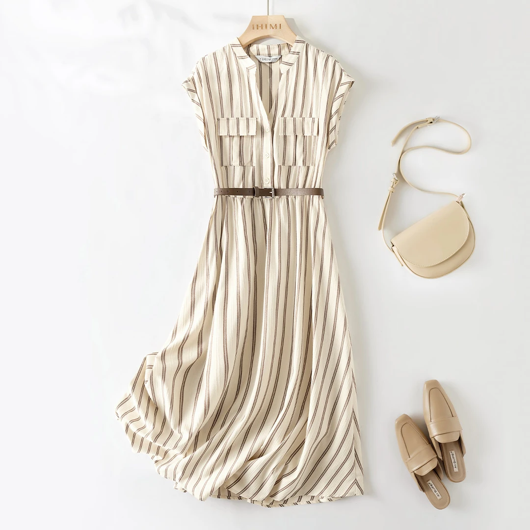 IHIMI【摩卡咖啡】24夏季新款女简约时尚通勤条纹V领A摆衬衫连衣裙