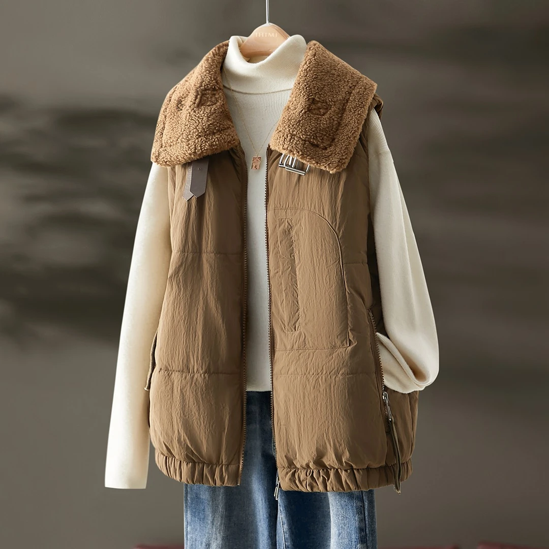 IHIMI羊羔毛棉衣马甲女2023秋季新款棉服背心常规无袖短款外套