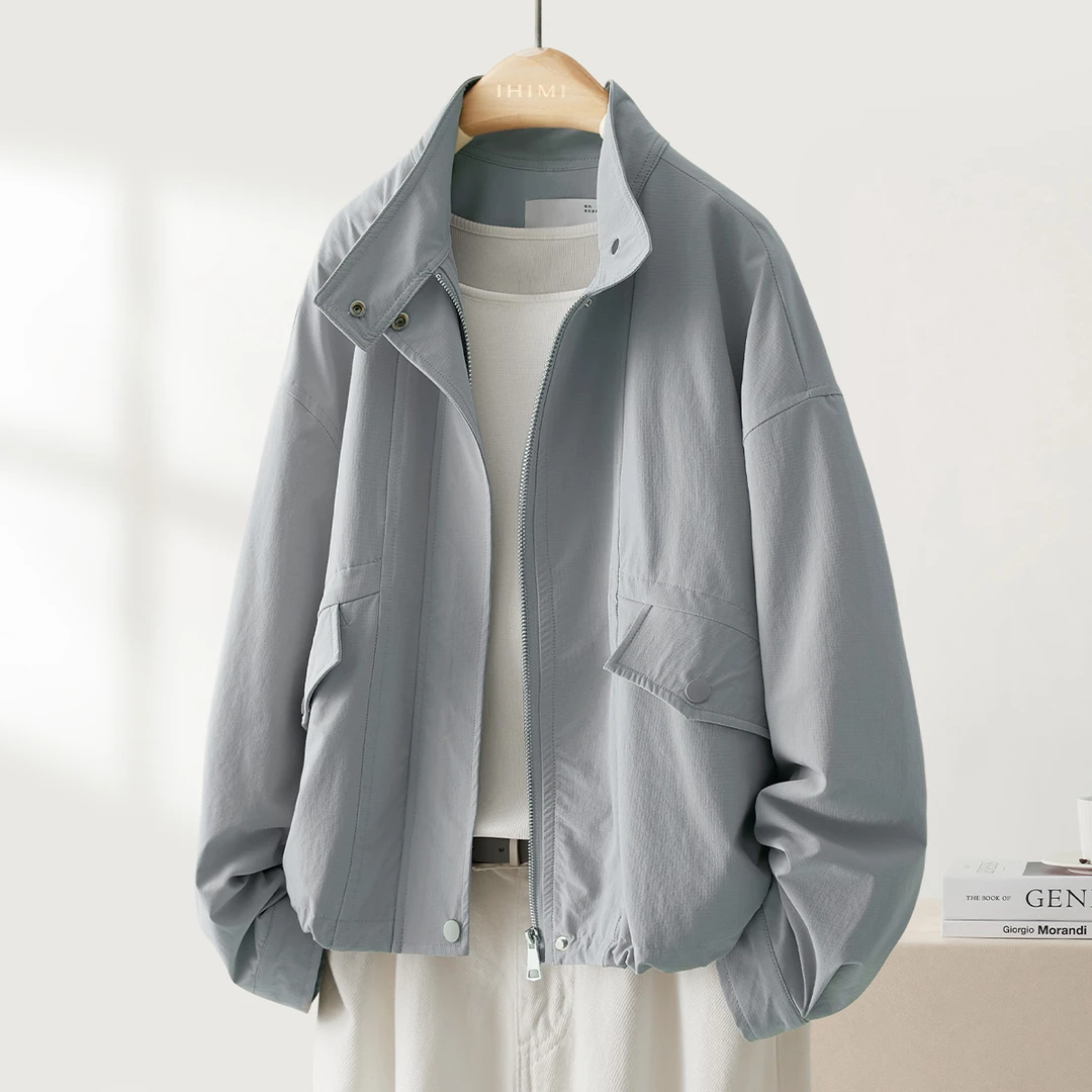 IHIMI/海谧2025秋季新款女装简约双线格肌理轻户外立领外套上衣