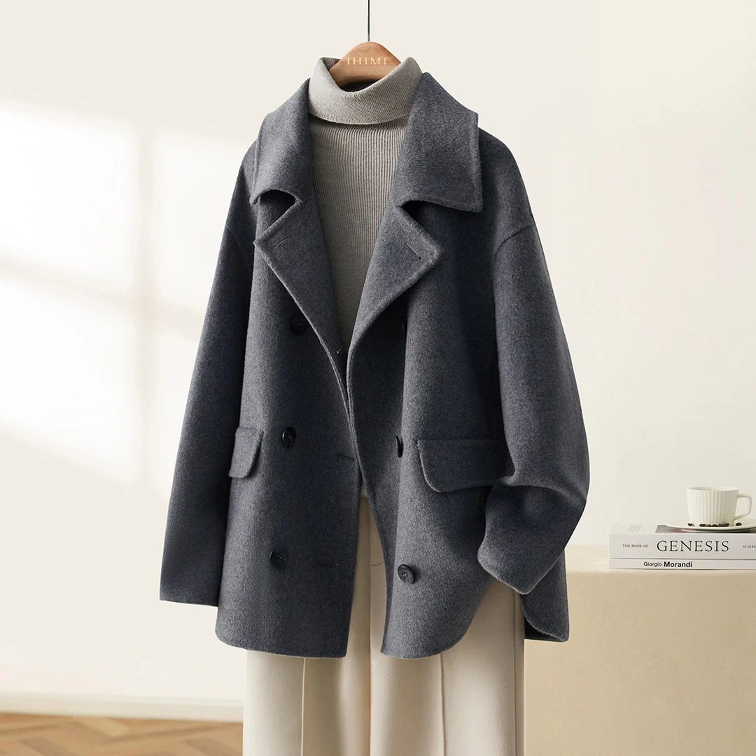 IHIMI/海谧【轻语】25冬新款短款翻领休闲手工双面呢绵羊毛大衣外套