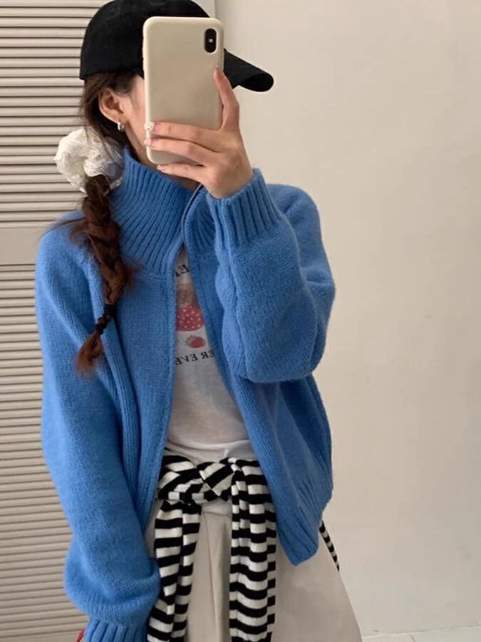 双拉链立领针织开衫女秋新款韩系慵懒风宽松短款百搭毛衣外套