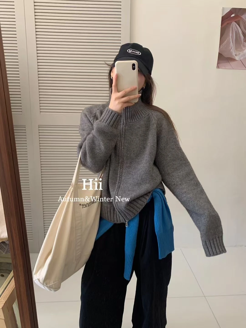 慵懒风双拉链翻领毛衣外套女秋冬短款设计感立领韩系针织开衫