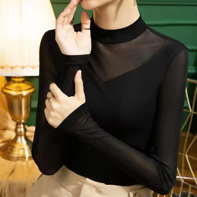 （清）网纱上衣修身百搭显瘦洋气半高领薄款春夏设计感长袖纯色