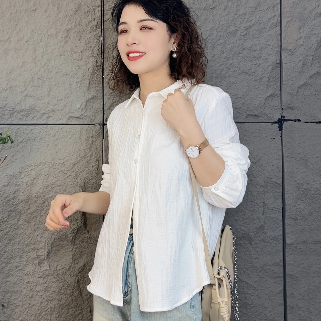 娇姐CS1080婴儿棉纱气质长袖白色时尚休闲百搭宽松纯棉衬衫