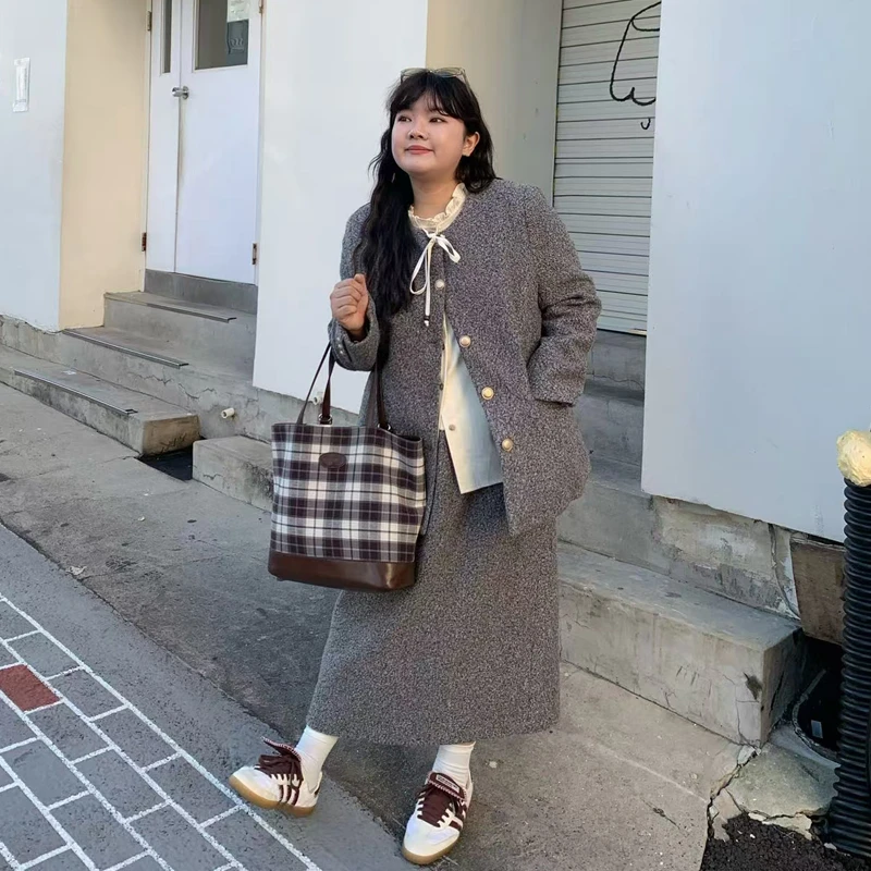 《鱼白专属》灰色圈圈毛呢两件套大码女秋冬新半身裙+夹棉外套套装