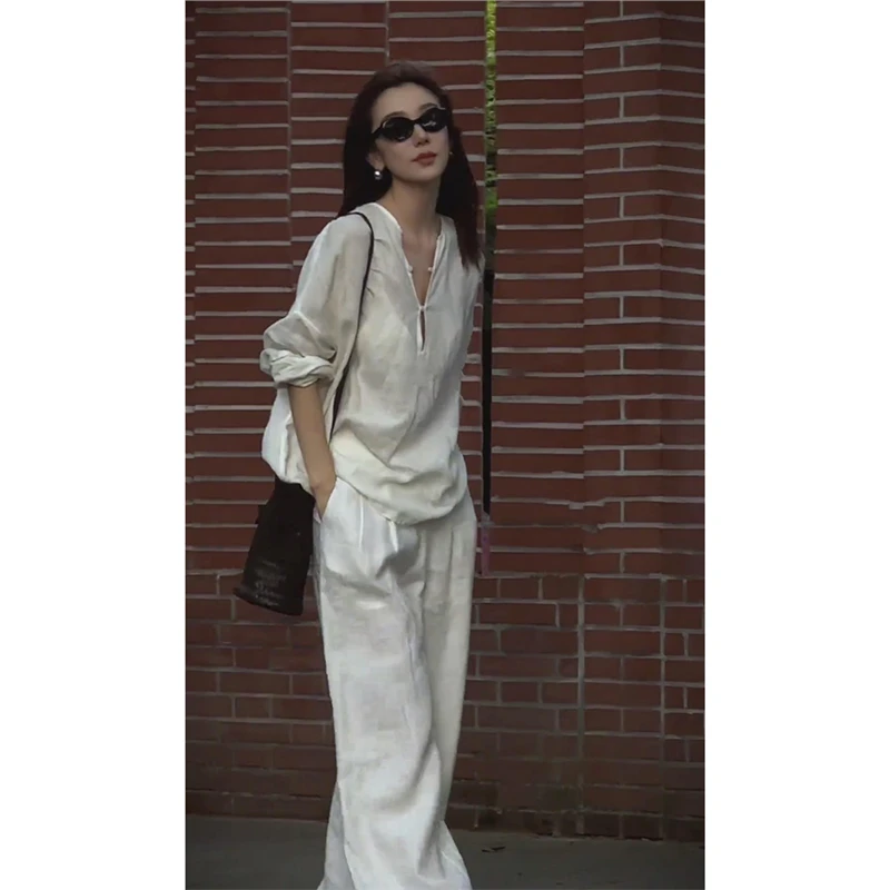 松弛感新中式亚麻衬衫女士秋季小众随性慵懒防晒罩衫休闲裤两件套