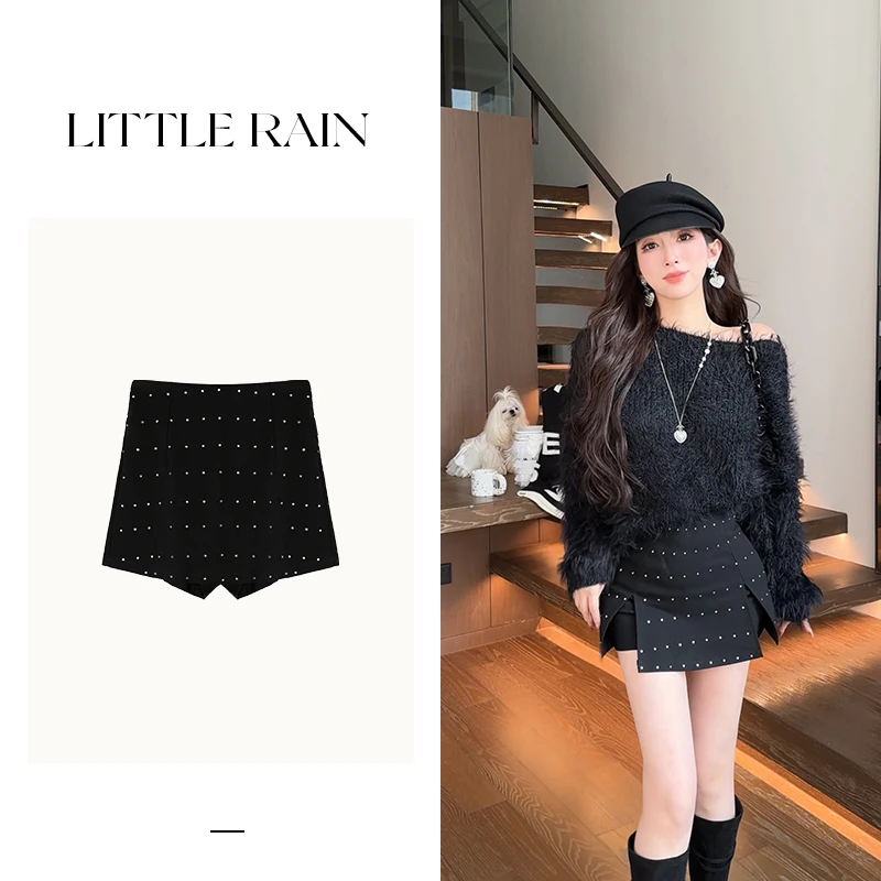 小雨姐姐新款【黑曜短裤】重工钉钻高腰a字包臀开叉半身裙女