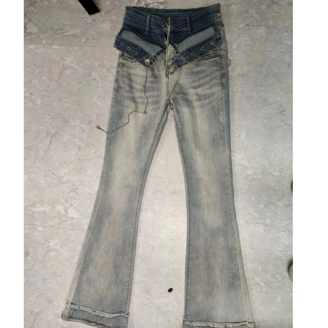 小雨姐姐【长腿玩转】复古设计感小众翻折高腰弹力微喇叭牛仔裤女