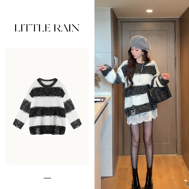 小雨姐姐新款【条纹速记】慵懒风宽松圆领套头条纹破洞毛衣女