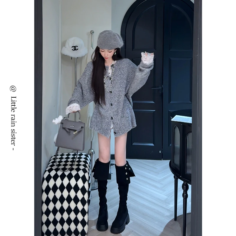 小雨姐姐新款【哥德堡开衫】复古圆领高级感灰色开衫毛衣女早秋新