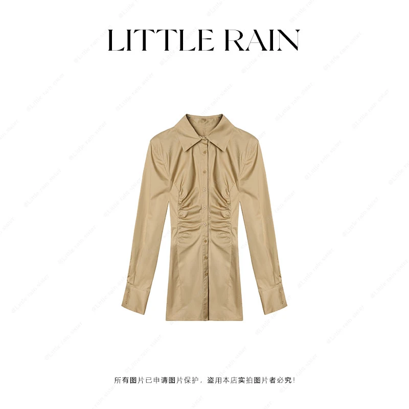 小雨姐姐新款【落日秋曲】设计感捏褶收腰修身显瘦长袖衬衫裙女