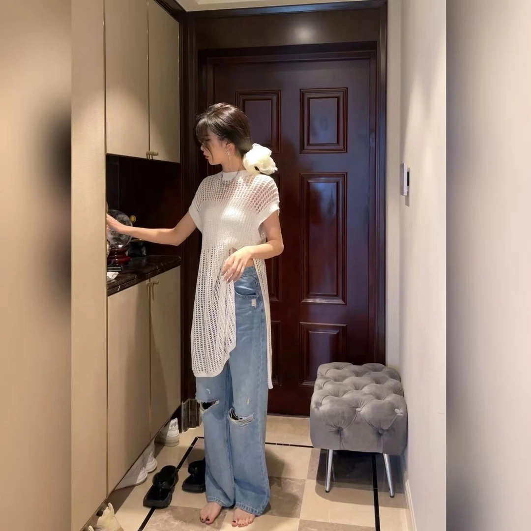 小雨姐姐新品【甜味初恋】甜辣风编织镂空针织连衣裙复古开叉气质