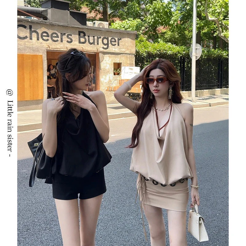 小雨姐姐新款【赫拉连衣裙】法式气质设计感挂脖荡领修身显瘦连衣裙