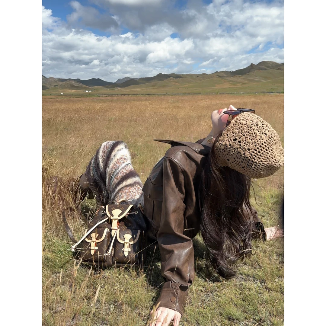 小雨姐姐【莱恩皮衣】复古美拉德短款工装风口袋翻领夹克皮衣女新