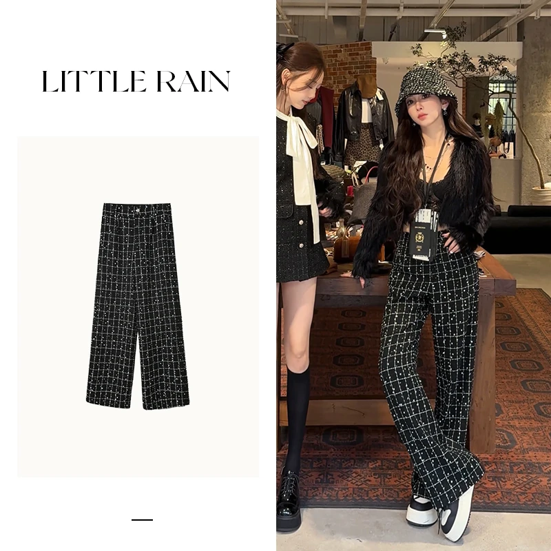小雨姐姐新款【威斯格纹裤】复古高级感亮片格子阔腿裤女秋款